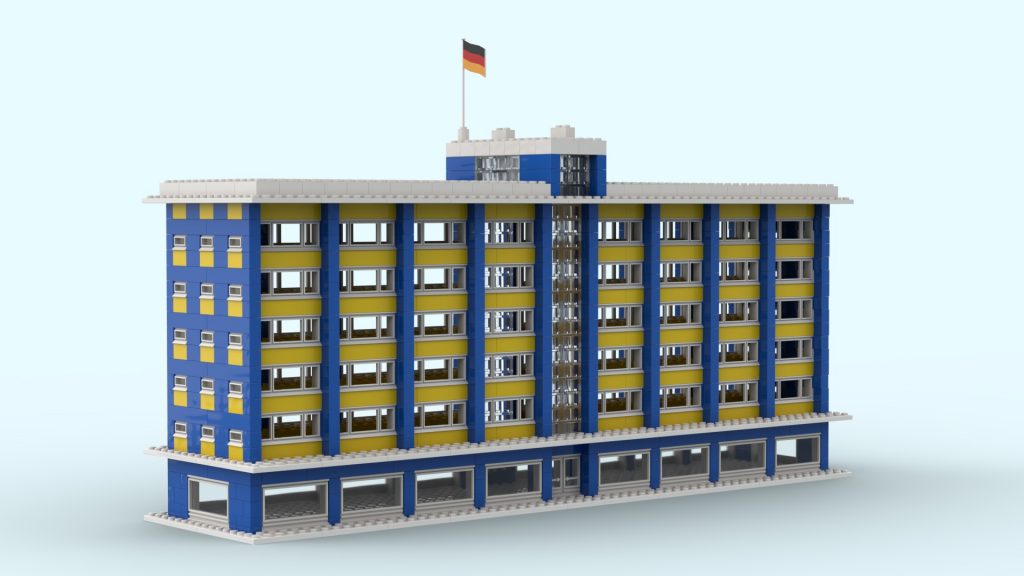 Modern blue & yellow multi-story apartment building